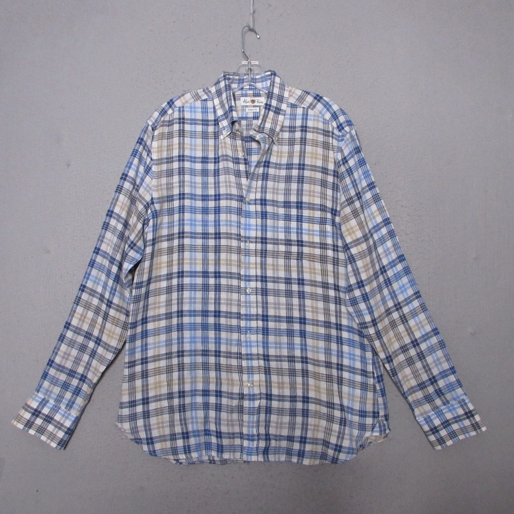 Alan Paine Shirt Blue Plaid Linen Button Down England Preppy Academia Hamptons